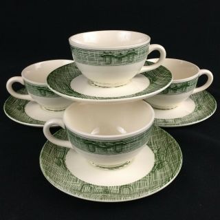4 Vtg Cups And Saucers Scio Currier & Ives Old Mill Green Plow Butter Churn