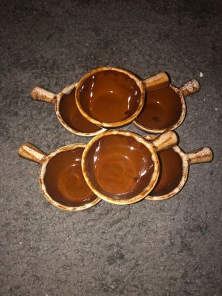 6 Western/monmouth Brown Drip Pottery Soup Bowls With Handles Maple Leaf Ws