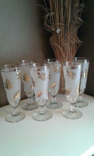 Vintage Libbey Glass Gold Leaf Pattern Set Of 6 Pilsner Beer Glass Footed