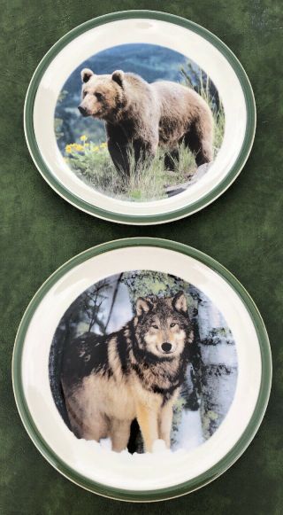 National Wildlife Federation 10.  5 Dinner Plates Set Of 2 Grizzly Bear & Wolf