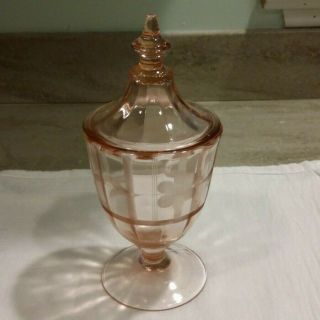 Elegant Pink Depression Glass With Etched Roses Covered Candy Jar