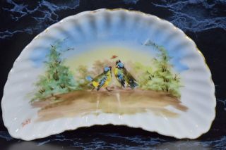 Antique Limoges Hand Painted Bone Dish With Blue Birds Signed Circa 1890