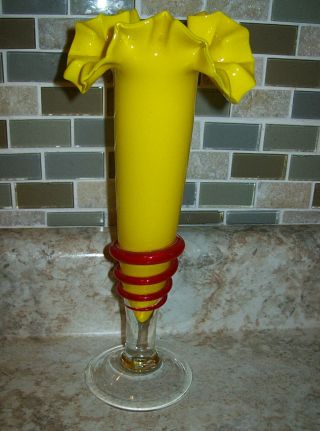 Vintage Art Glass Vase - Red,  Yellow,  Ruffled Top - 10 " Tall -