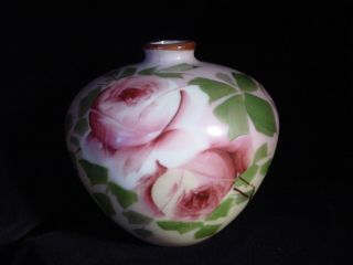 Antique Victorian Hand Painted Round Milk Glass Bud Vase