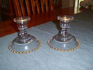 Vintage Imperial Candlewick Single Candleholders Pair With Gold Trim