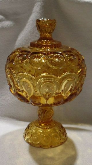 L E Smith Moon And Stars 10 " Tall Amber Pedestal Covered Compote Candy Dish