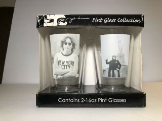 John Lennon Of The Beatles 2 16 Oz Pint Glasses Nyc & Statue Of Liberty Pics Nib