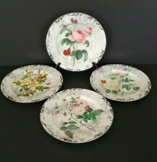 Set Of 4 American Atelier Rose Toile Floral Porcelain 5232 7.  5” Salad Plates