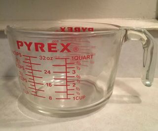 Vintage Pyrex 4 Cup 1 Quart Measuring Cup Open Handle 532 English & Metric