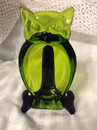 C - Vintage Viking? Glass Heavy Lime Green Owl Figural 8 3/4 " Ashtray