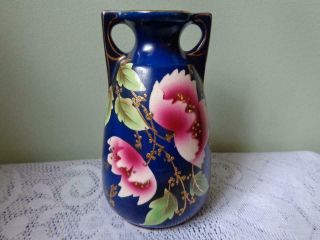 Vintage Aynsley Royal Art Pottery Cobalt Blue,  Pink Flowers/relief Gild Urn Vase