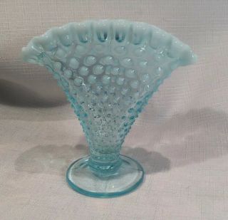 Vintage Fenton Glass Opalescent Turquoise Blue Hobnail Mini Fan Vase Ruffled Rim