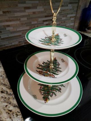 Spode Christmas Tree Double 3 Tier Tray Serving Dish Green Trim Made In England