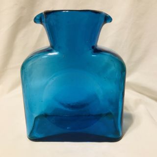 Vintage Blenko Double Spout Azure Blue 8  Tall Carafe Pitcher Barware Glass