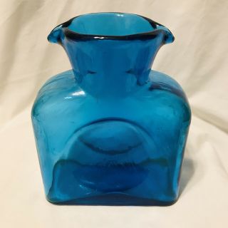 Vintage BLENKO Double Spout Azure BLUE 8  tall carafe Pitcher BARWARE GLASS 2