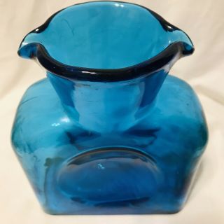 Vintage BLENKO Double Spout Azure BLUE 8  tall carafe Pitcher BARWARE GLASS 3