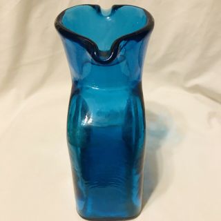 Vintage BLENKO Double Spout Azure BLUE 8  tall carafe Pitcher BARWARE GLASS 4