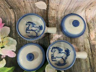 Set Of Two Vtg M.  A.  Hadley Blue Horse Picture Porringer Handle Bowls With Lid