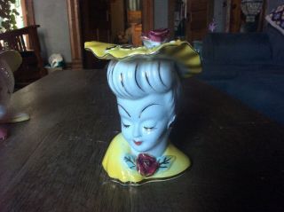 Vintage Lefton Japan Lady Head Vase Yellow Hat Rose Gold Trim Edge 5”