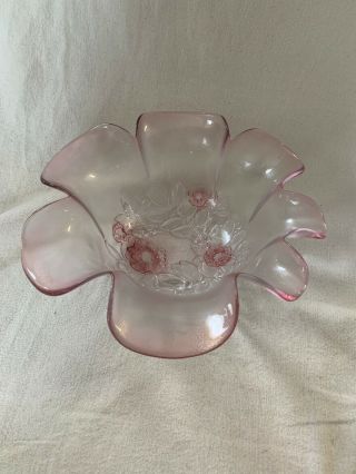 Vintage Floral Etched Pink Depression Glass Bowl Scalloped Trim 10.  5”