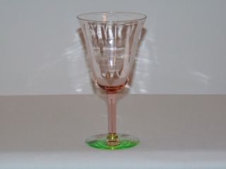 Vintage Antique 1930s Art Deco Pink & Green Depression Optic Glass Wine Goblet