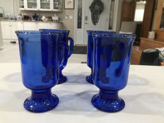 4 Vintage Anchor Hocking Cobalt Blue Glass 5 " (irish) Coffee Mugs Footed/pedestal