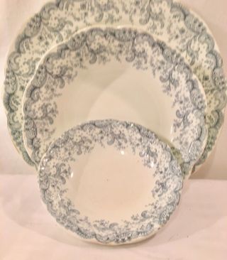 John Maddock & Sons Vitreous England Seville Blue White 3 Pc Plate Set Antique