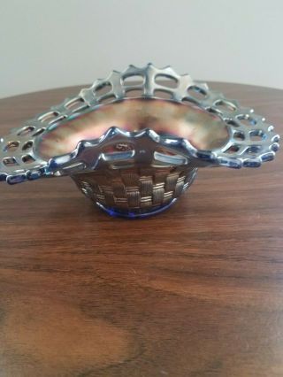 Blue Carnival Glass Small Bowl Antique Vintage Grapes Basket Weave