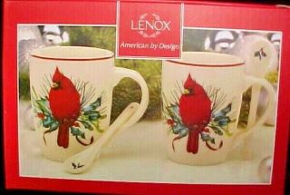 Lenox Cardinal Bird Winter Greetings Cocoa Mug W/ Spoon - Set Of 2 Nib
