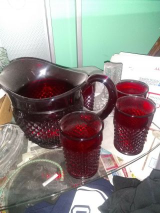 Vintage Anchor Hocking Ruby Red Diamond Point Pitcher With 4 Tumblers