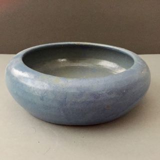 Vintage American Arts & Crafts Shallow Bowl Vase Blue Glaze Unsigned