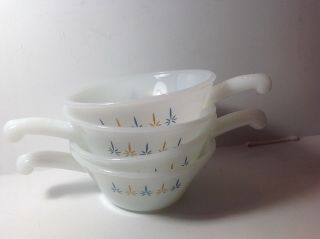 Rare Vintage Fire King Atomic Star Soup Bowls (4) With Handles Milk Glass
