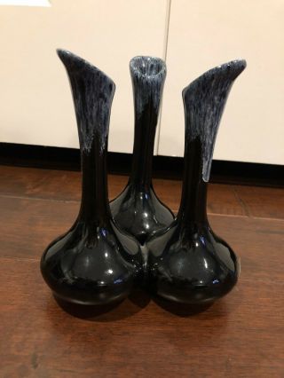 Tri triple Bud Vase Van Briggle Colorado Springs Black Drip Blue glaze 4