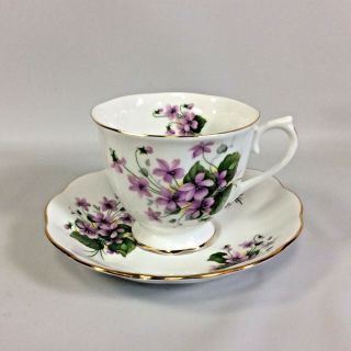 Royal Albert Tea Cup Saucer Purple Flowers Violets Gilt Gold Accents Vtg