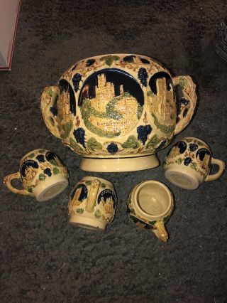Vintage Gerz German Castle Stoneware Punch Bowl Set With 4 Cups