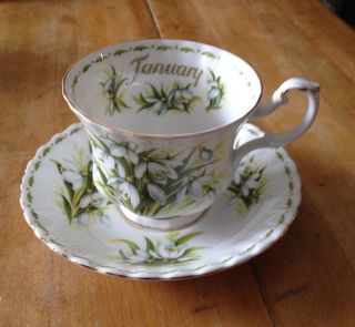 Royal Albert January Snowdrops Flower Of The Month Footed Tea Cup & Saucer