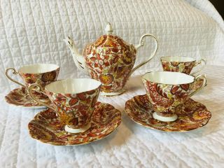 Vintage England Royal Standard Bone China Teapot And 4 Cups Rust Paisley Chintz