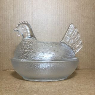 Vintage Indiana Clear Glass Nesting Hen On Nest Basket Covered Candy Nut Dish