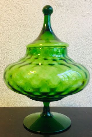 Vintage Hand Blown Glass Candy Dish With Lid - 1950’s - 11” Tall - Green Glass