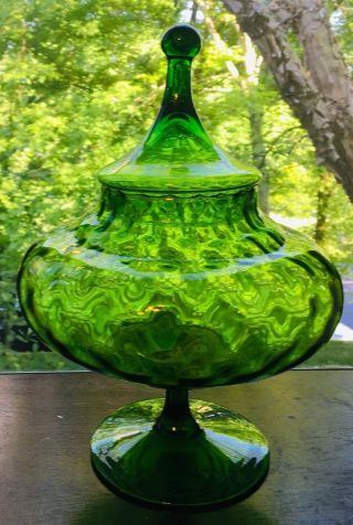 Vintage Hand Blown Glass Candy Dish With Lid - 1950’s - 11” Tall - Green Glass 2