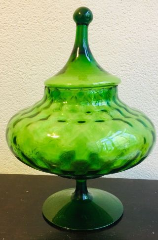 Vintage Hand Blown Glass Candy Dish With Lid - 1950’s - 11” Tall - Green Glass 3