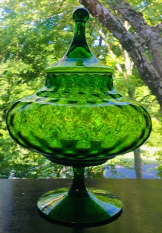 Vintage Hand Blown Glass Candy Dish With Lid - 1950’s - 11” Tall - Green Glass 4