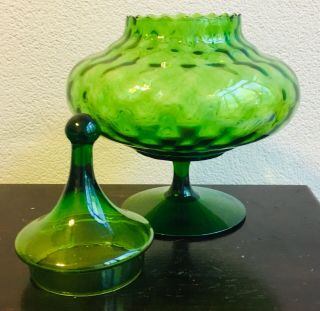 Vintage Hand Blown Glass Candy Dish With Lid - 1950’s - 11” Tall - Green Glass 5