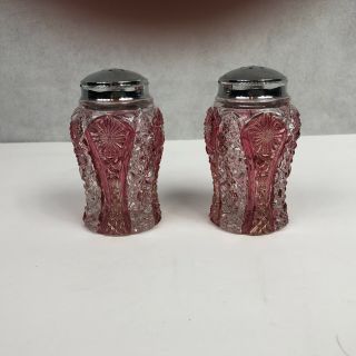Imperial Glass Red And Clear Daisy With Button Pattern.  Salt And Pepper