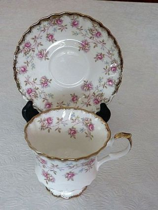 Vintage Queen Anne Harmony Rose Gold Trimmed Footed Tea Cup & Saucer Set England