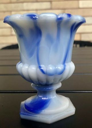 Vintage Akro Agate Blue White Swirl Slag Glass Toothpick Holder Urn 3.  25”