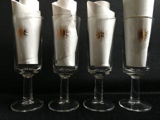 Set of 4 Mid Century Modern Atomic Gold Starburst Cordial Aperitif Glasses 4.  5” 2