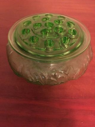 Vitage Green Depression Glass Vase With Flower Frog 16 - Hole