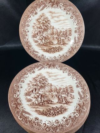 Set Of 6 Churchill Currier & Ives England Harvest 10 3/8 " Dinner Plates Brown