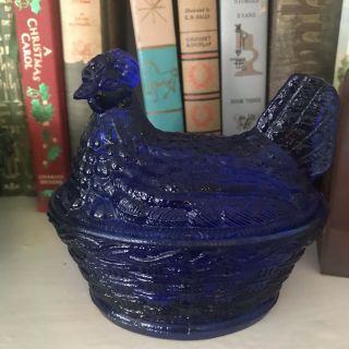 Glass Hen On A Nest Dishes - Cobalt Blue